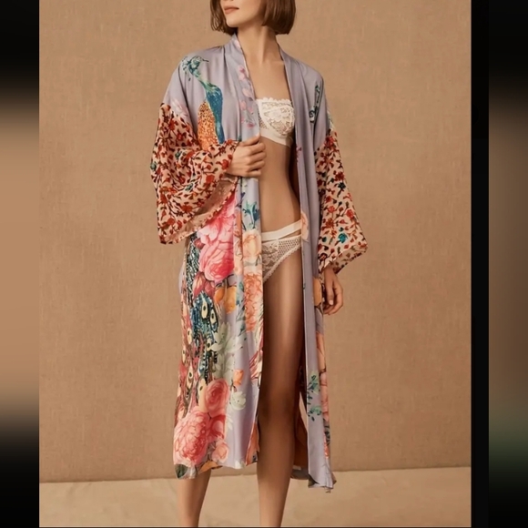 1 DAY SALE! Silky Soft Peacock Floral Kimono Cover-Up Open Robe Duster Wrap Pink - Picture 3 of 10